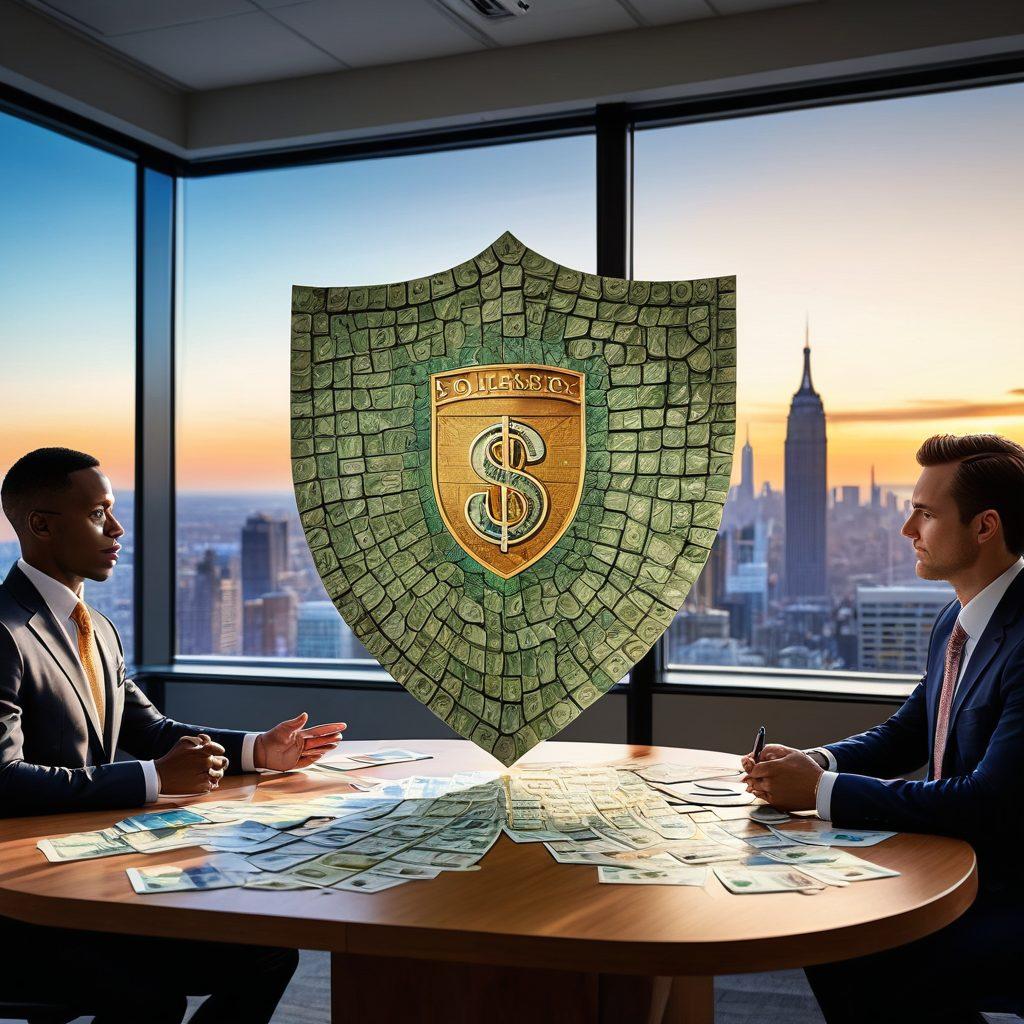A visually striking image depicting a shield made of dollar bills, symbolizing financial protection, surrounded by experts discussing coverage plans in a modern office setting. Include an open financial document with graphs and charts on a table, and an array of diverse individuals collaborating, showcasing expert insights. The background should have a city skyline, representing growth and opportunity. super-realistic. vibrant colors. modern business style.