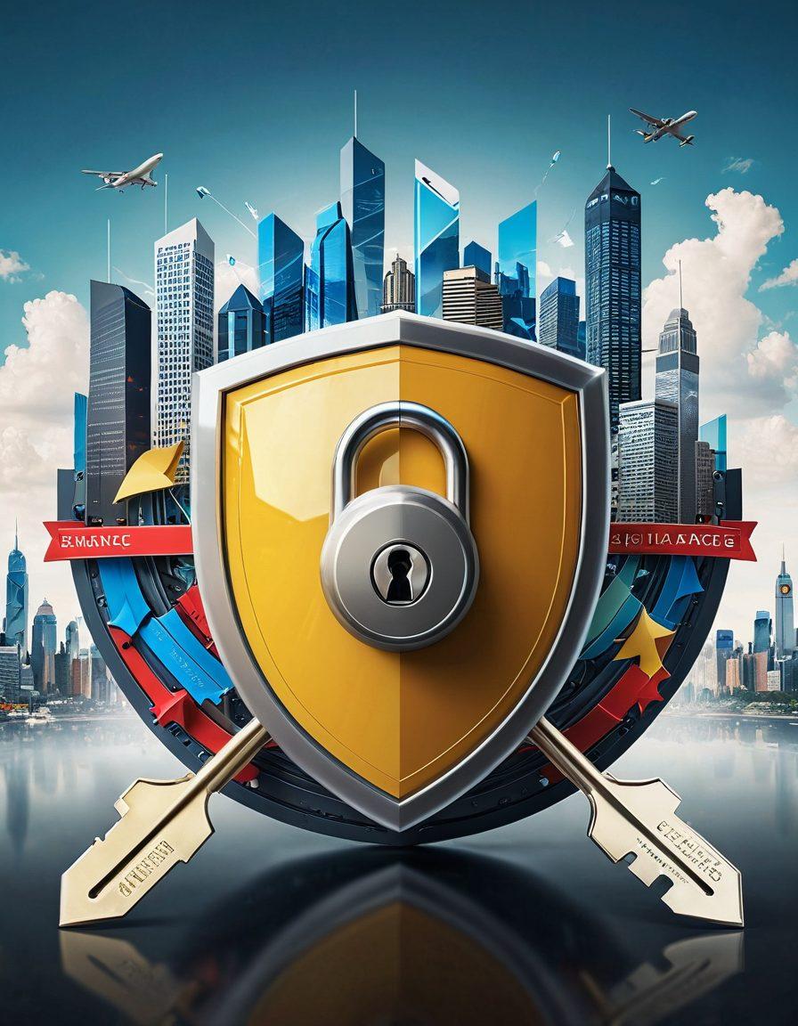 A key turning in a lock made of insurance symbols like shields, documents, and graphs, surrounded by symbols of speed like racing flags and swift arrows. A backdrop of a modern city skyline to represent growth and progress. The overall tone should be vibrant, suggesting urgency and clarity in coverage solutions. super-realistic. vibrant colors. 3D.
